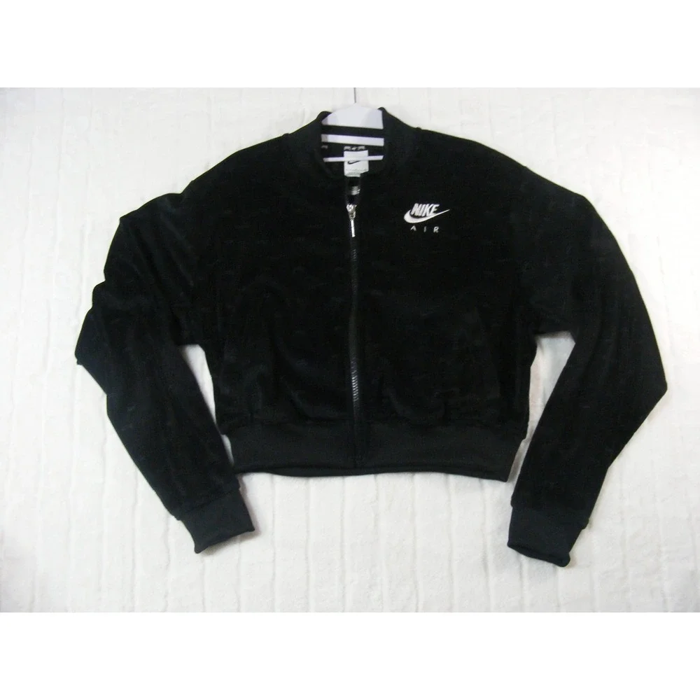 Nike Air Velour Cropped Bomber Jacket Womens Small Black Excellent Embossed Logo - Picture 1 of 10